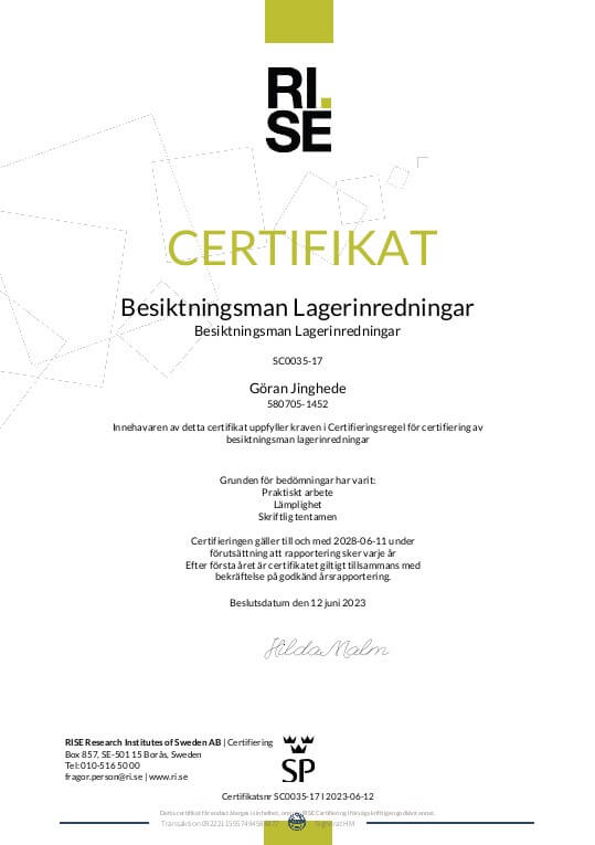 RISE Certifikat besiktningsman lagerinredningar