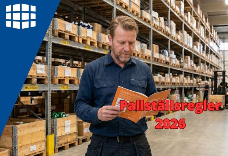 Pallställ med märkning av maxlast och påkörningsskydd enligt pallställsregler 2026